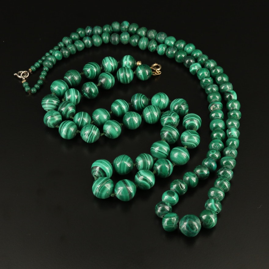 Hand Knotted and Graduated Malachite Bead Necklaces