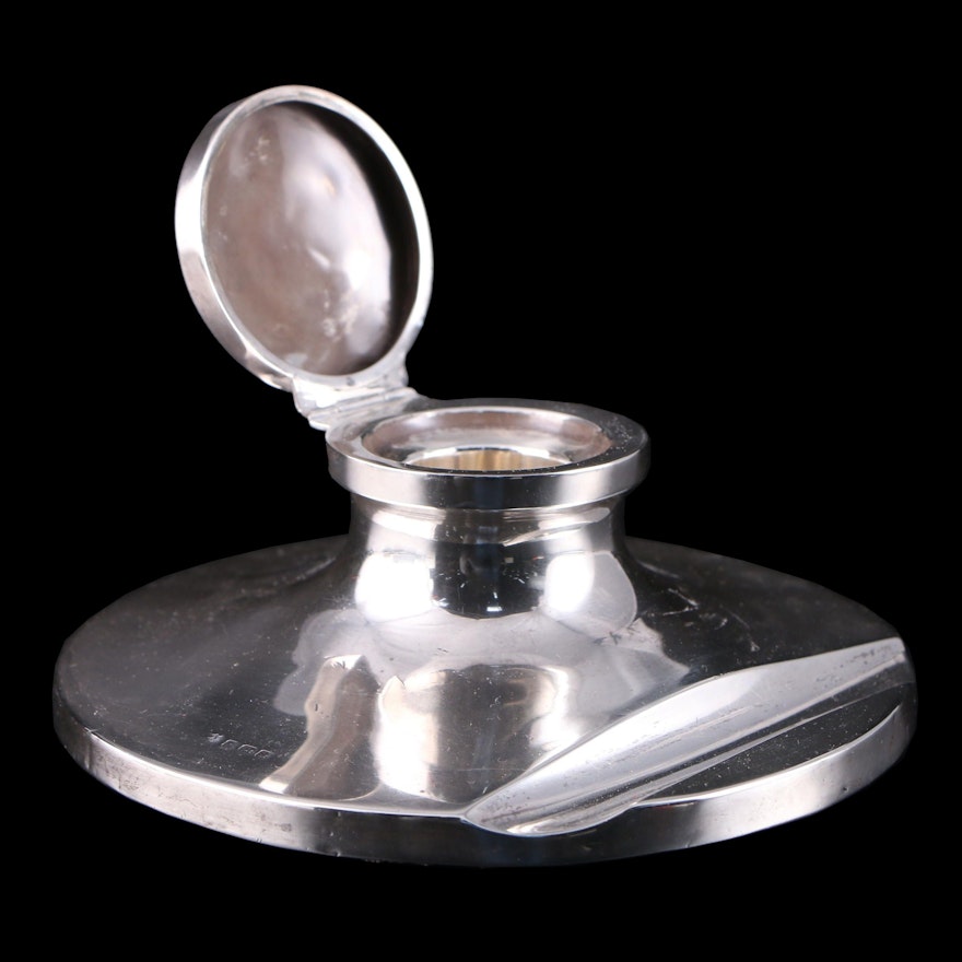 William Neale English Sterling Silver Inkwell with Pen Rest, 1919