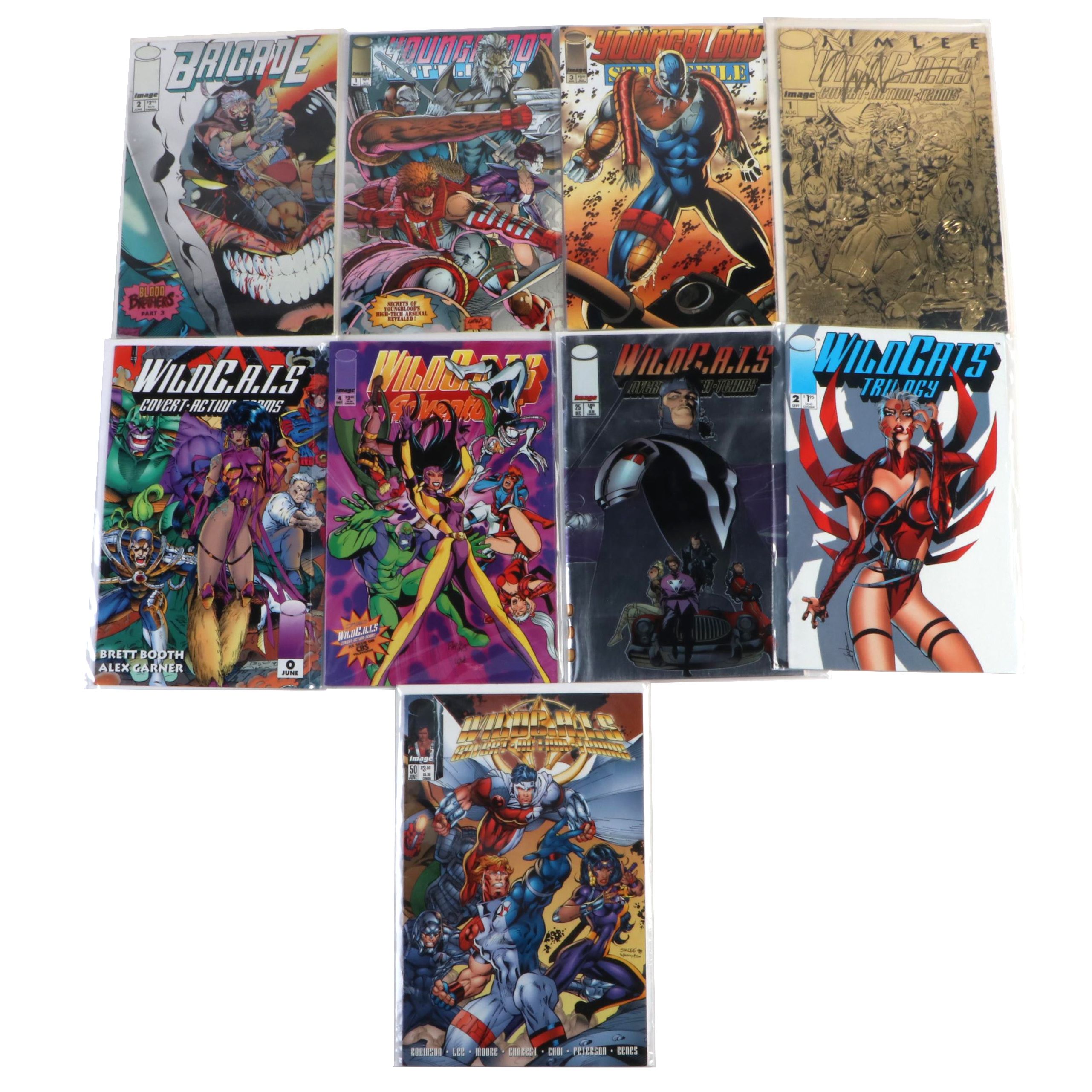 "WildC.A.T.s (Signed), " "Youngblood," and "Brigade" Comics
