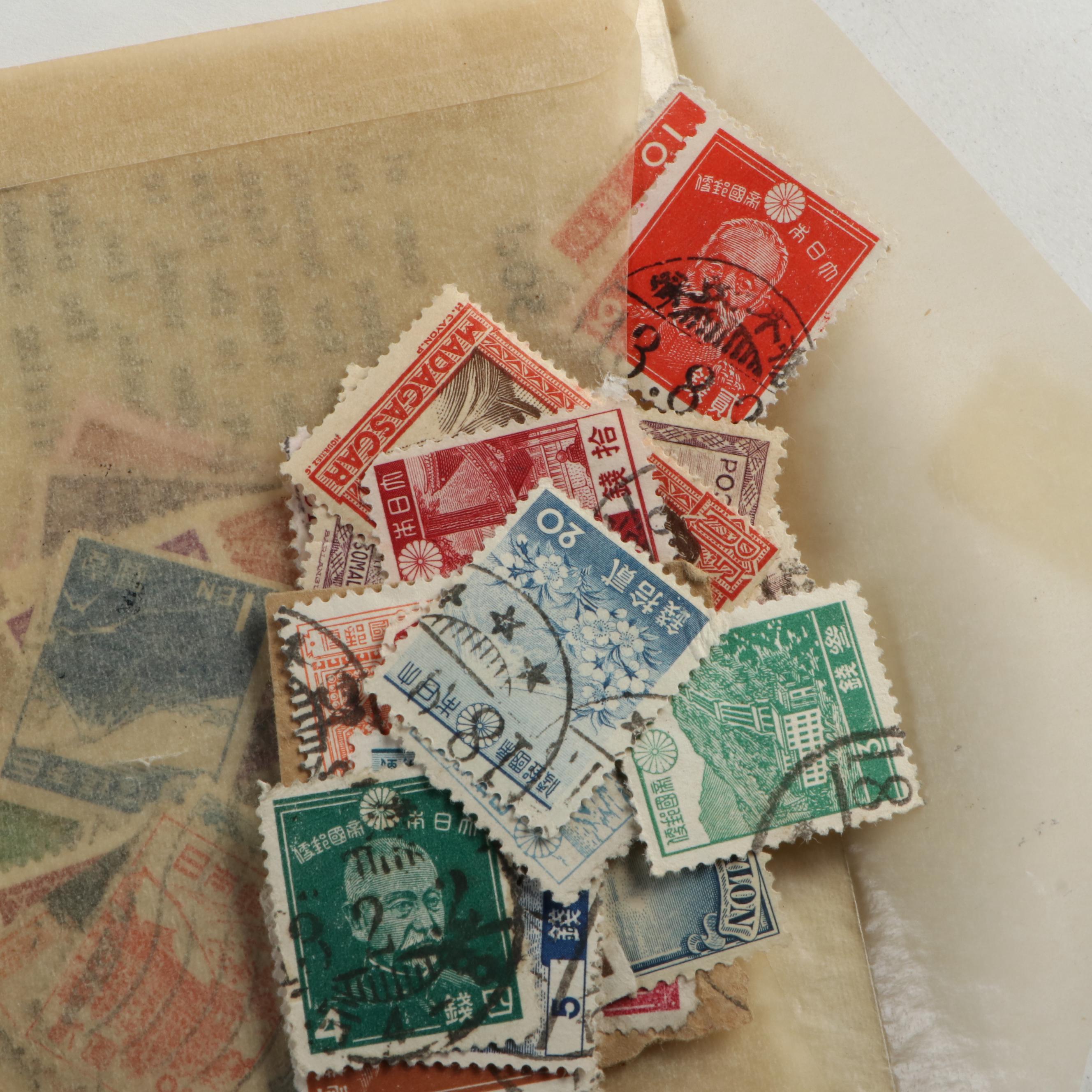 Collection of Vintage Foreign Postage Stamps, Covers and Postcards