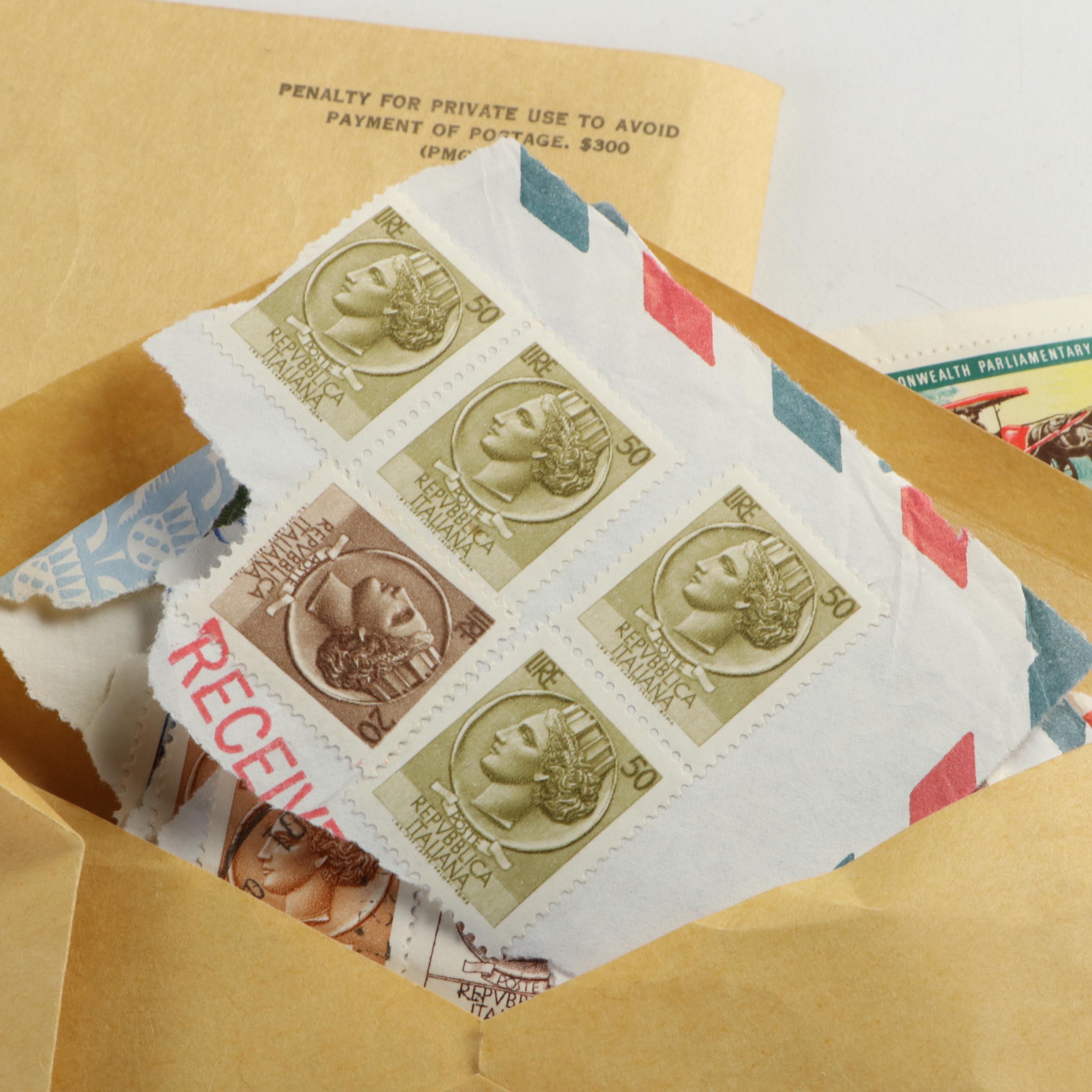 Collection of Vintage Foreign Postage Stamps, Covers and Postcards