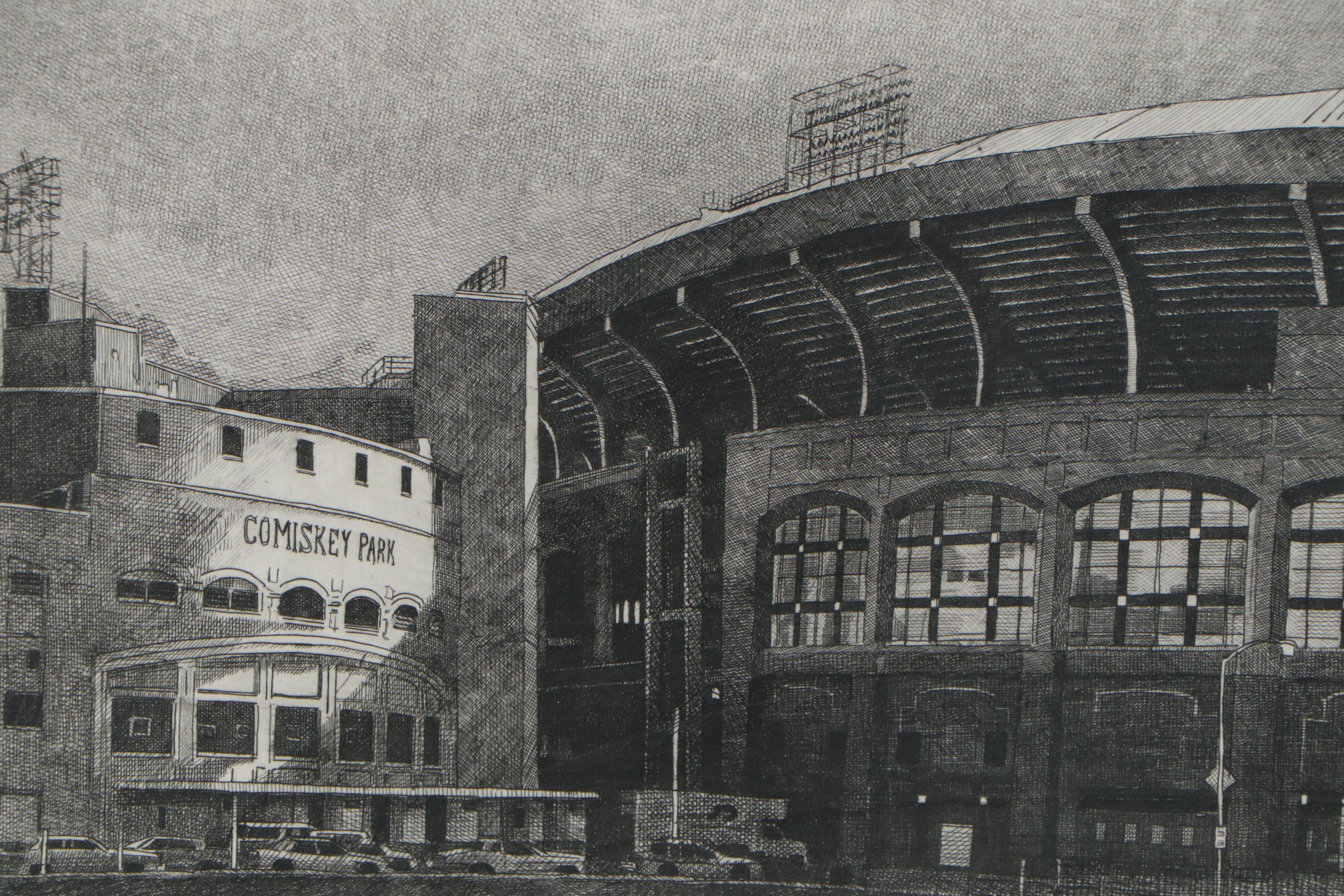 Philip C. Thompson Etchings "Ebbet's Field" and "Comiskey Park," 1990