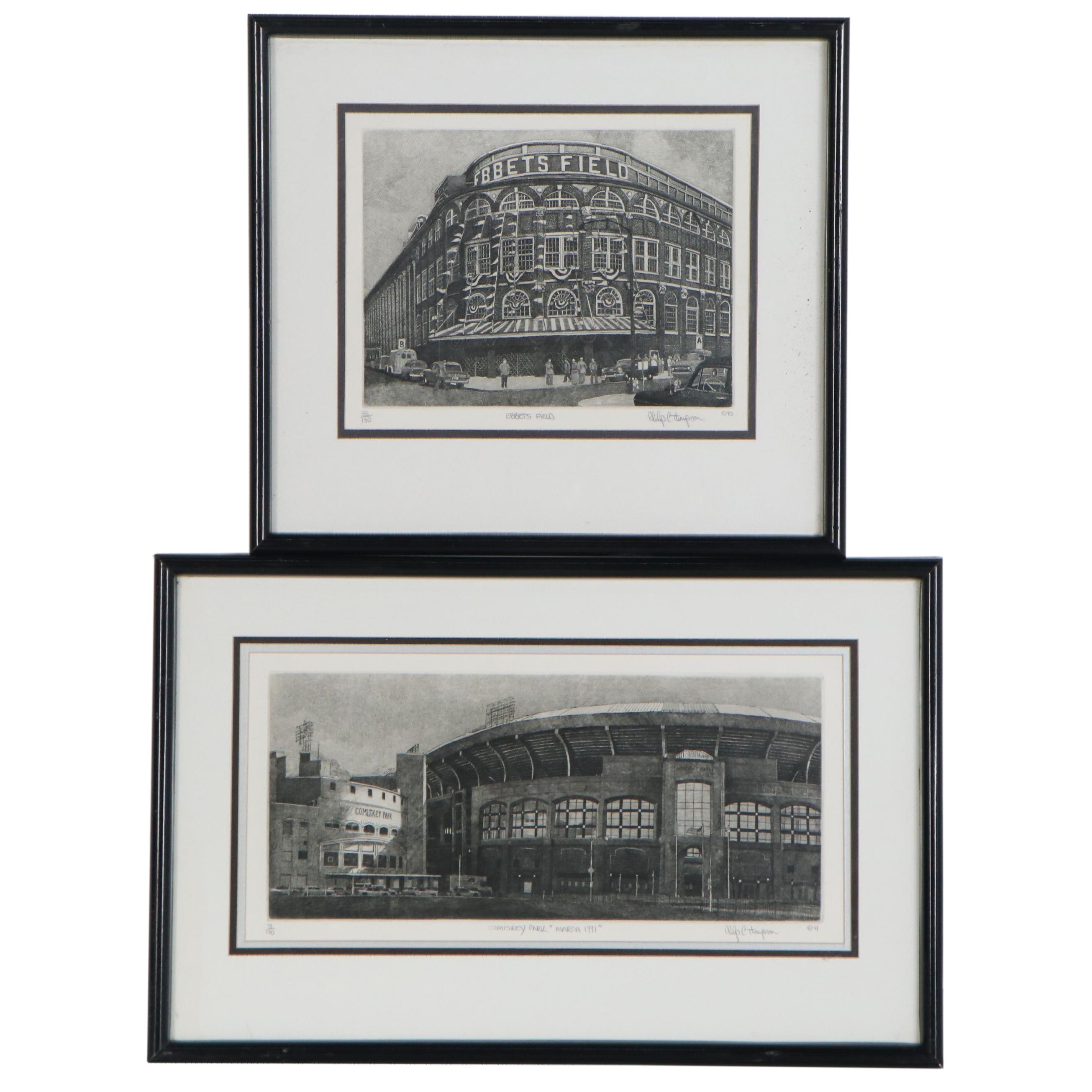 Philip C. Thompson Etchings "Ebbet's Field" and "Comiskey Park," 1990
