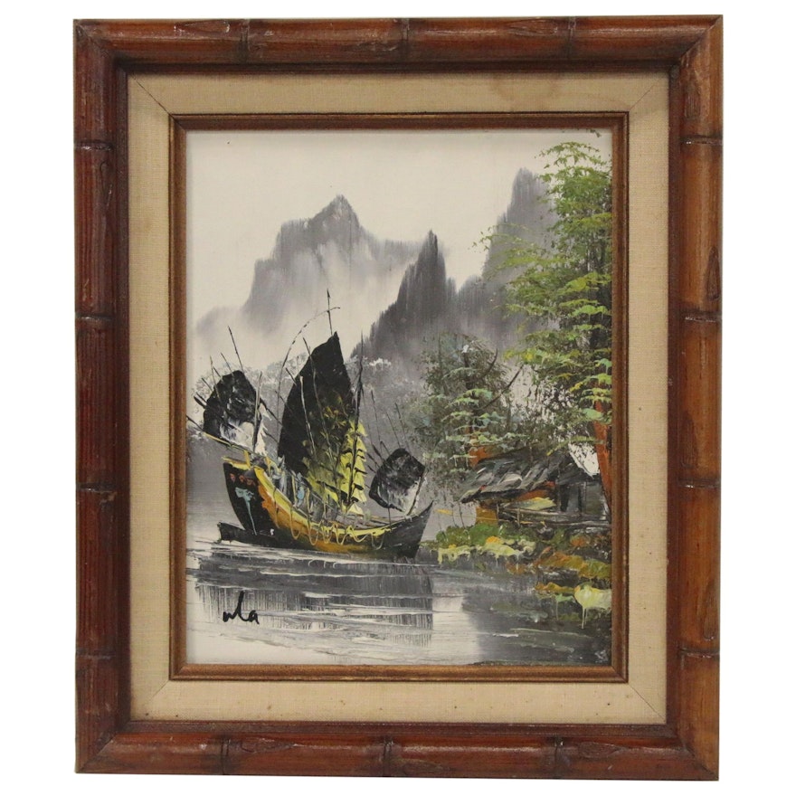 Chinese Inspired Acrylic Landscape Painting, Mid 20th Century