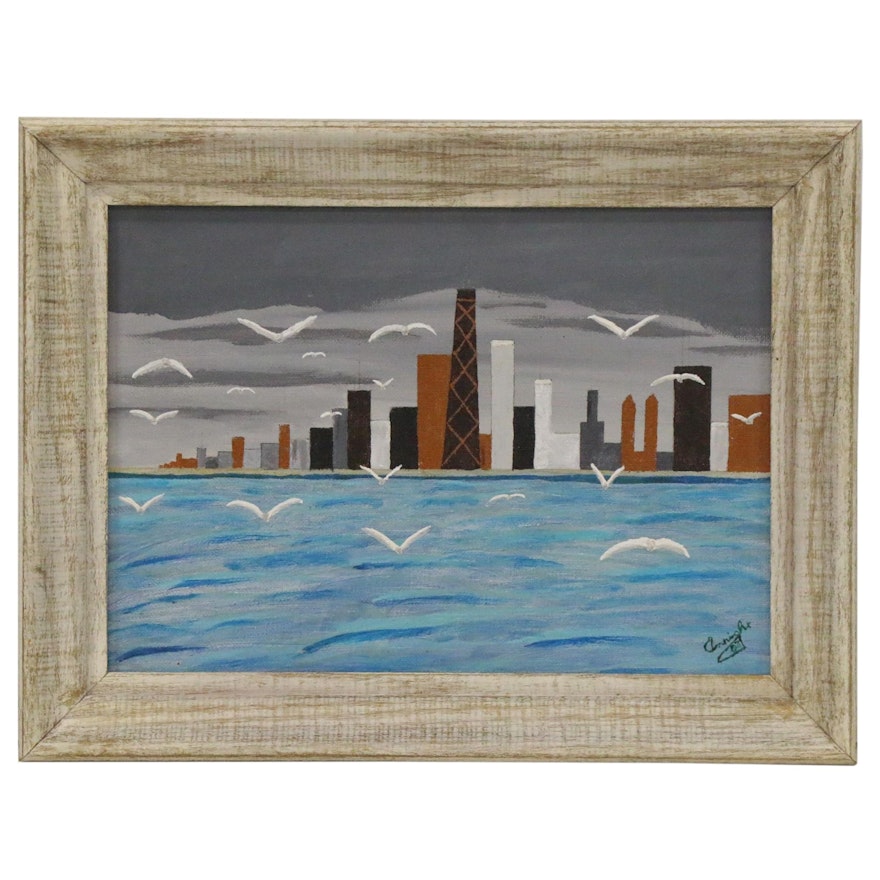 Modernist Acrylic Skyline Painting, Late 20th Century