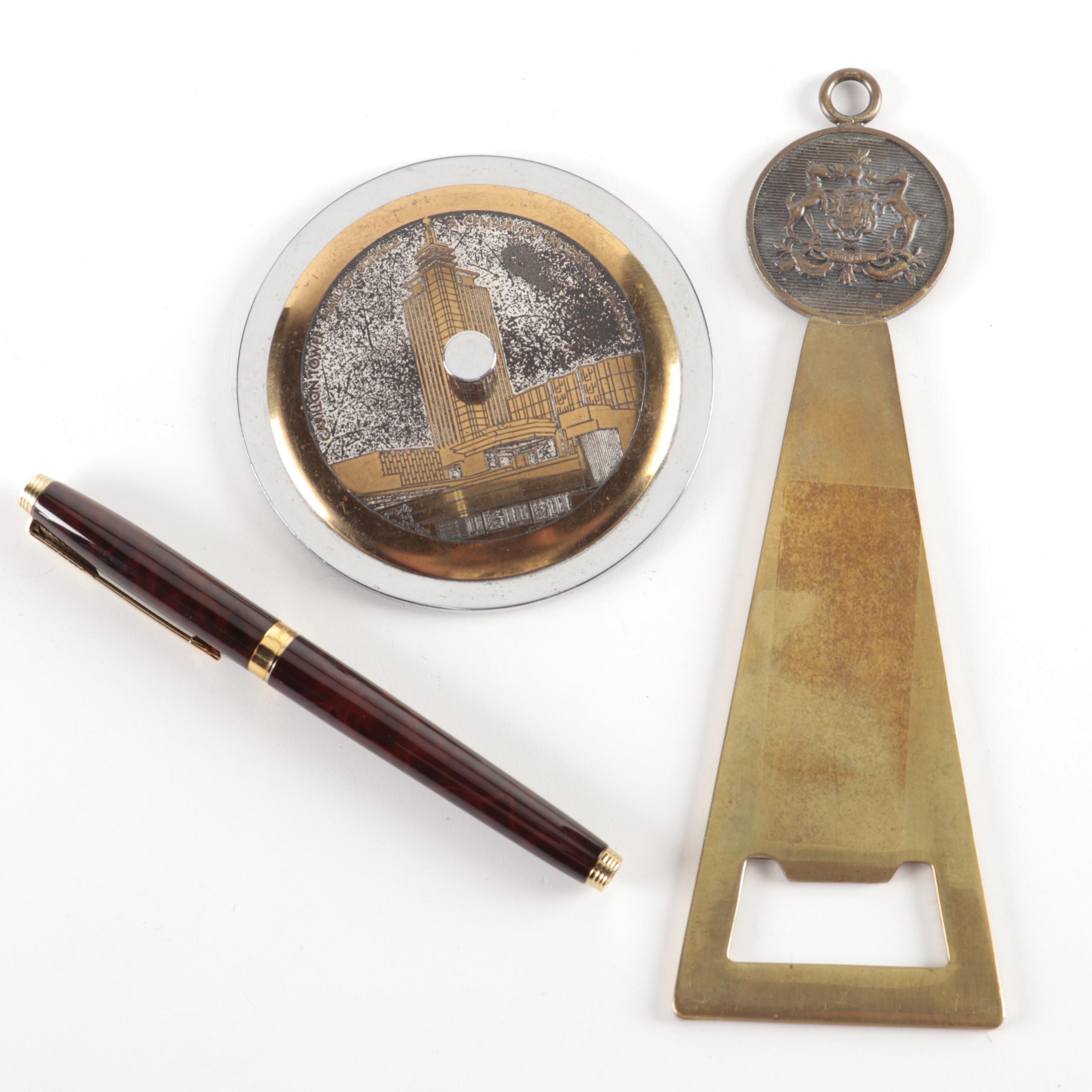 Parker Fountain Pen with Brass Paperweight and Italian Bottle Opener