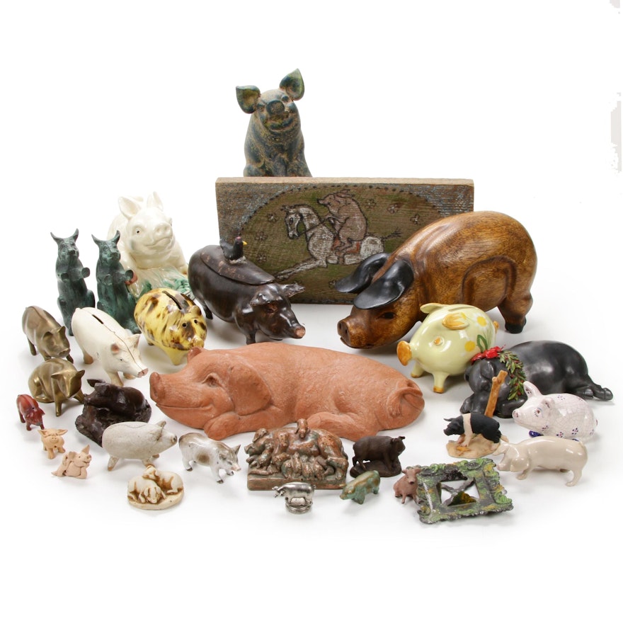 Passel of Painted and Metal Pig Figurines, and Piggy Bank