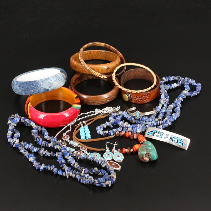 Jewelry Including Bangles, Inlaid Hair Barrette, Sterling and Lapis Lazuli