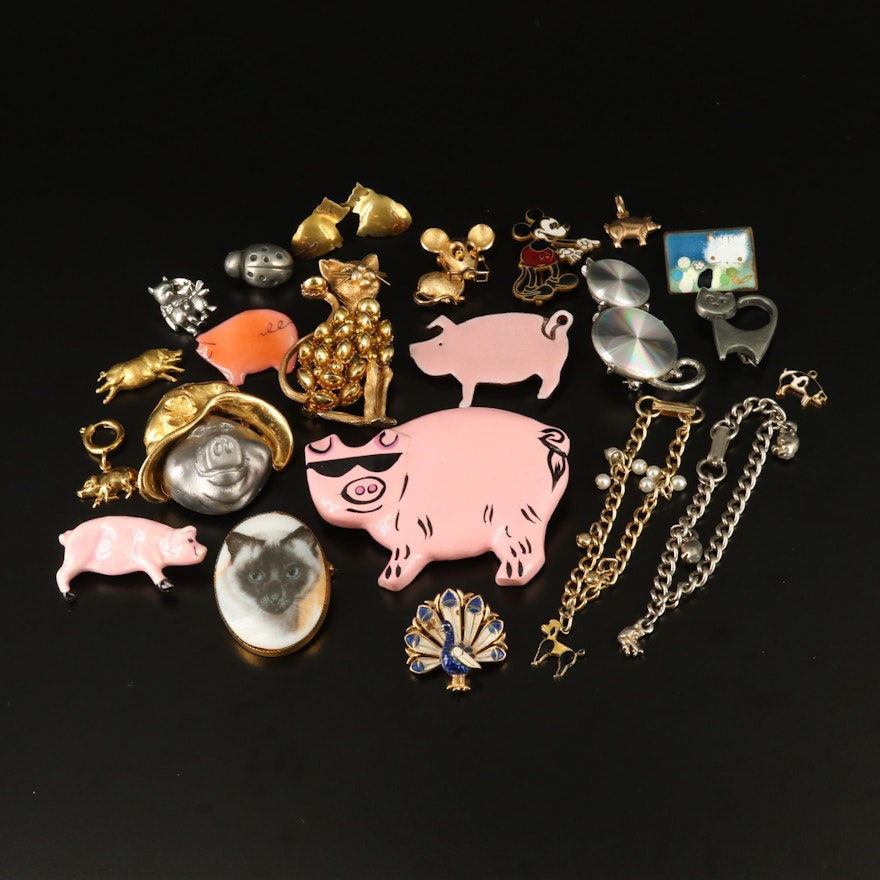Animal Themed Jewelry Featuring 10K Pig Charm and Disney Mickey Mouse