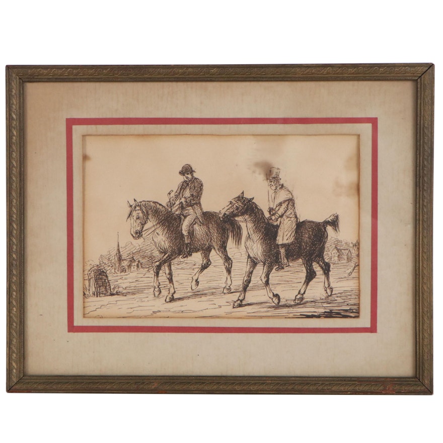 Ink Drawing of Gentlemen on Horses, Early 20th Century