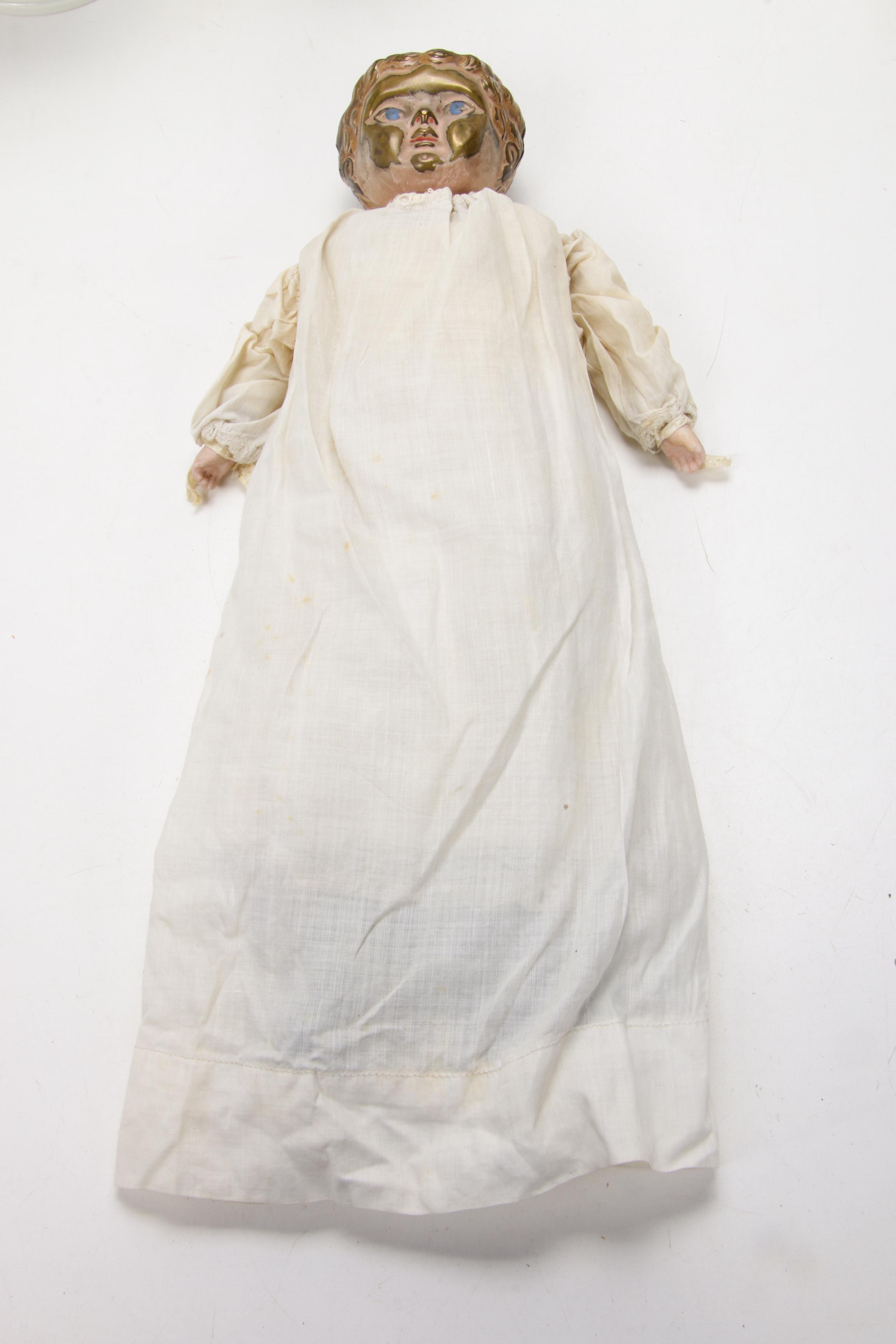 Painted Tin Head Antique Baby Doll with Angel and Child Decorations