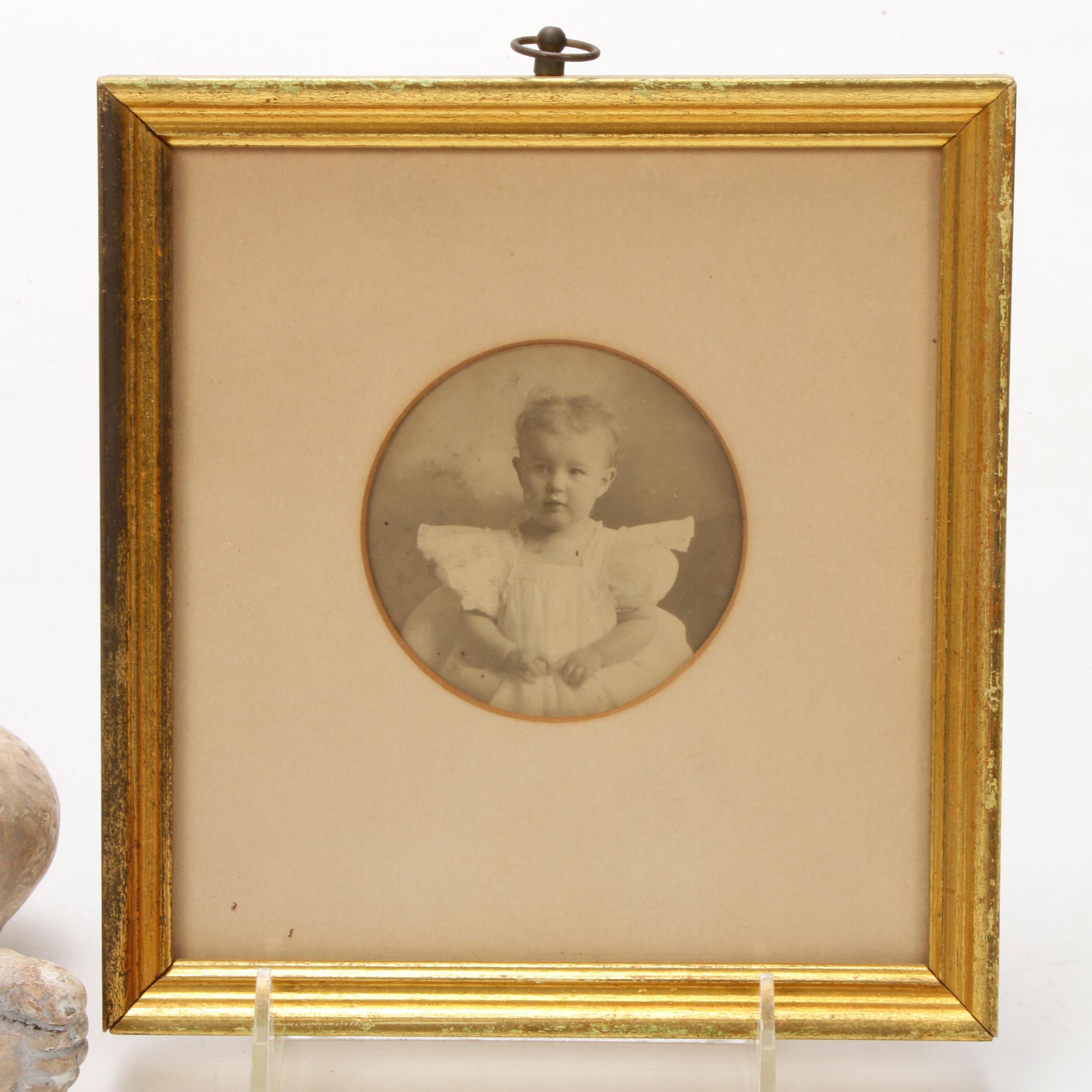 Painted Tin Head Antique Baby Doll with Angel and Child Decorations