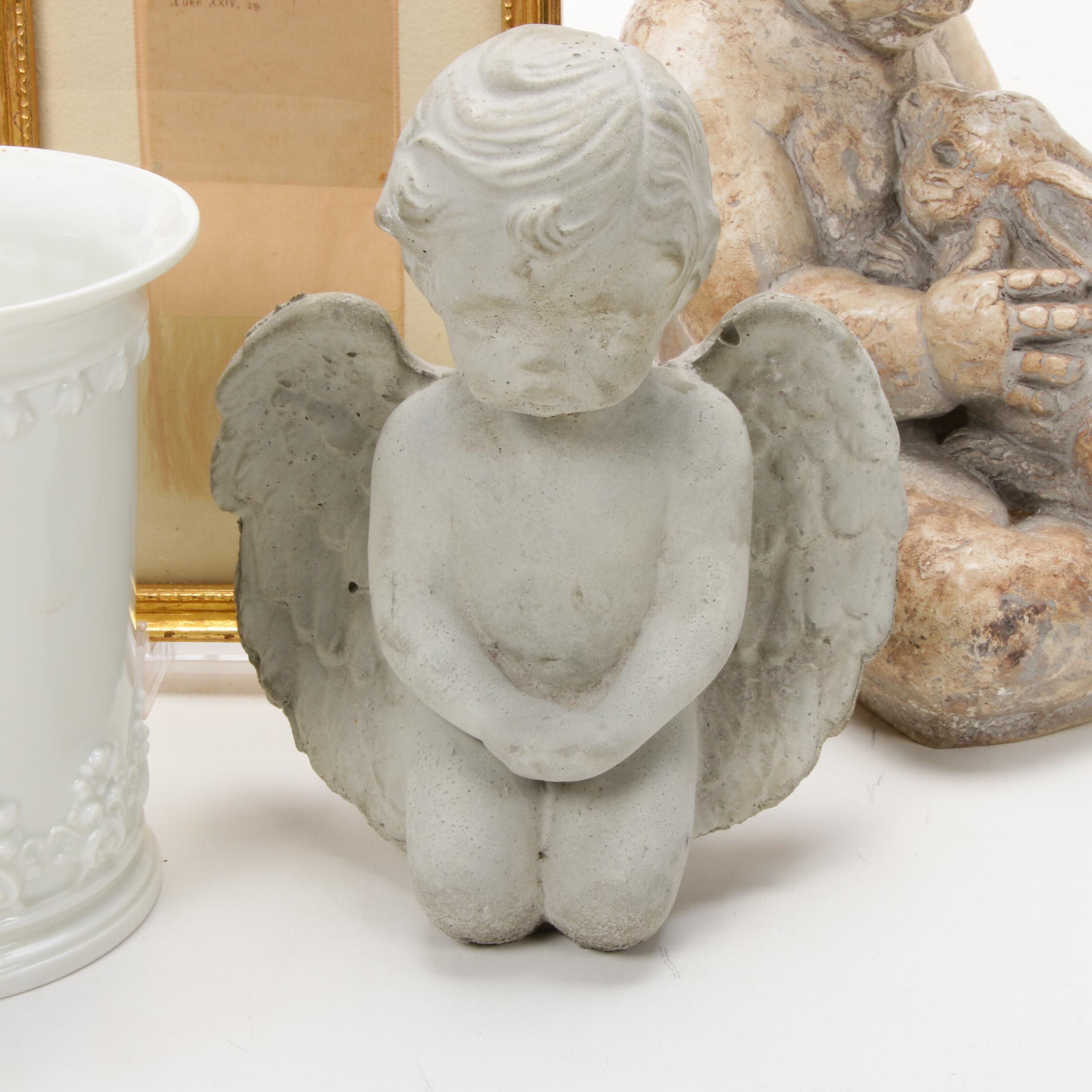 Painted Tin Head Antique Baby Doll with Angel and Child Decorations