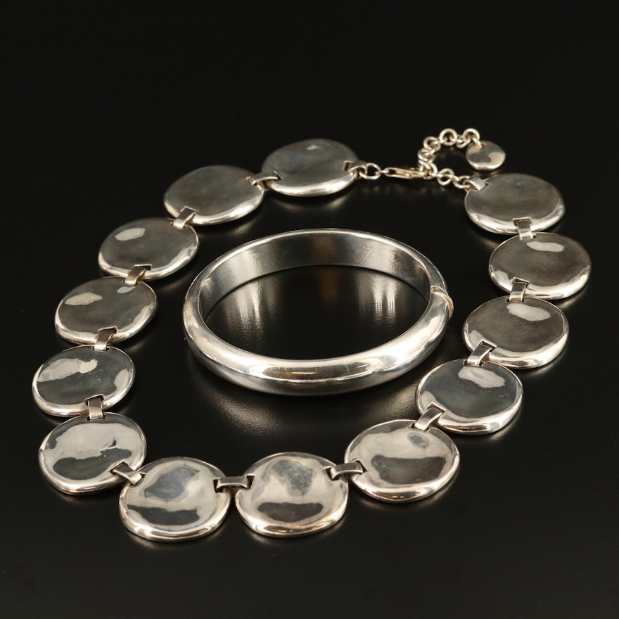 Sterling Hinged Bangle and Disk Necklace