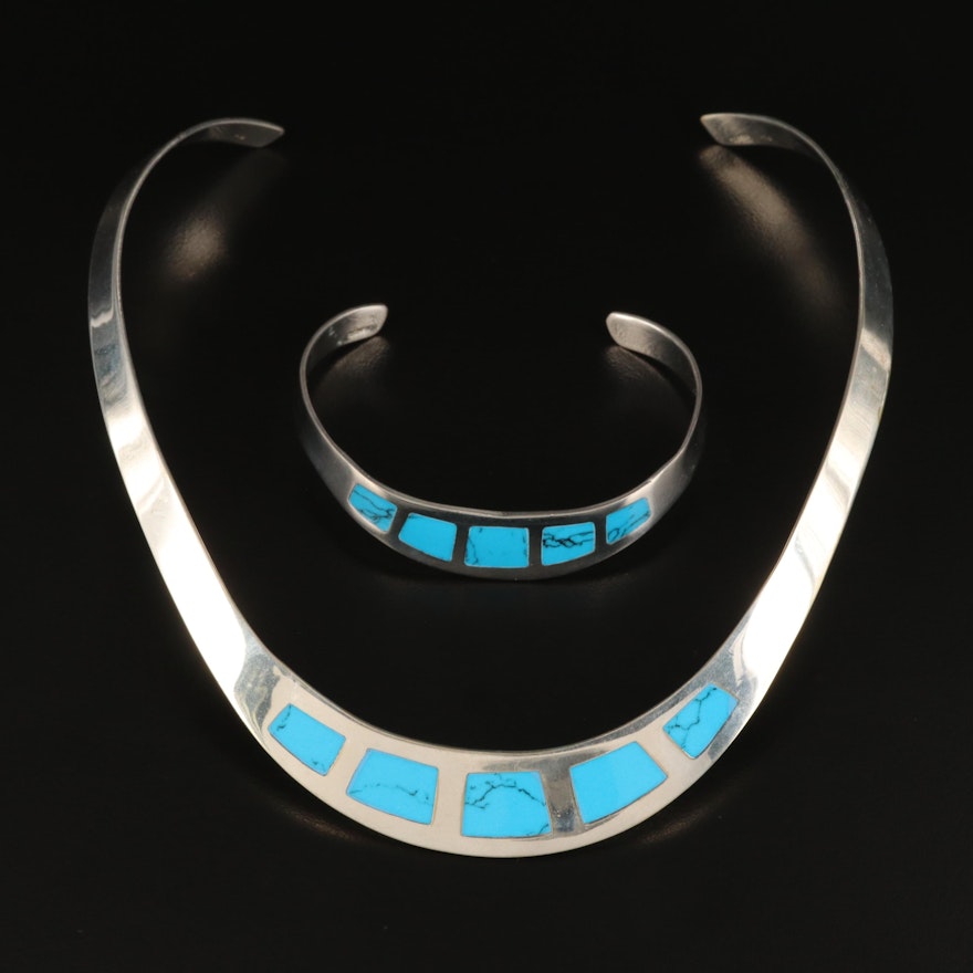 Mexican Sterling Silver Turquoise Inlay Torc and Cuff Set