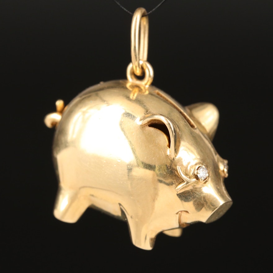 14K Piggy Bank Pendant with Diamond Eyes