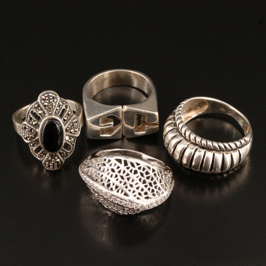 Sterling Silver Rings Featuring Black Onyx, Marcasite and Cubic Zirconia