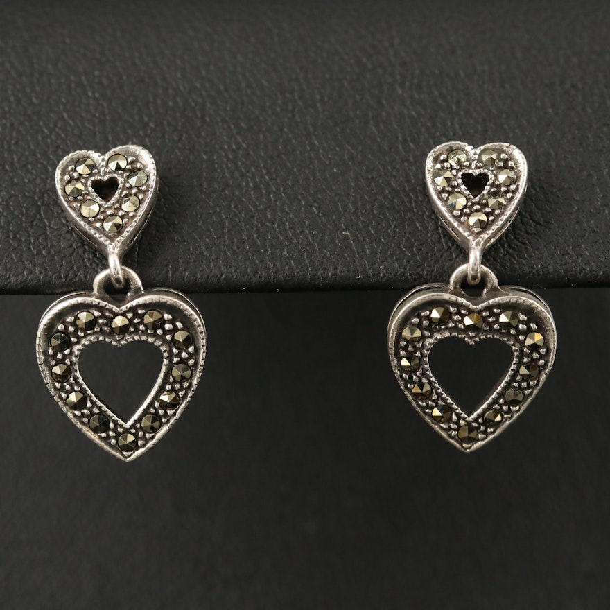 Sterling Marcasite Double Heart Earrings