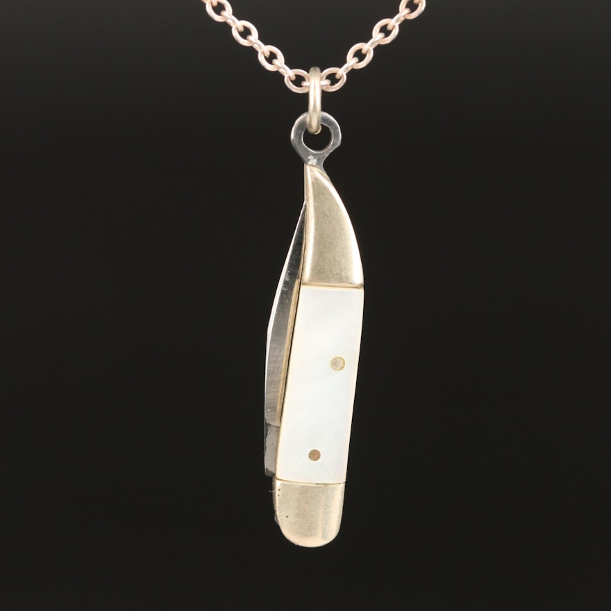 Sterling Silver Pocket Knife Pendant Necklace with Mother of Pearl