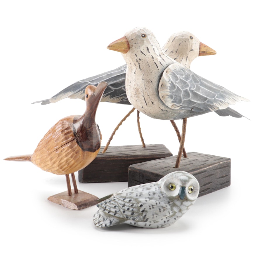 Pair of Fitz & Floyd Wood and Metal Bird Figurines with More Carved Wooden Birds