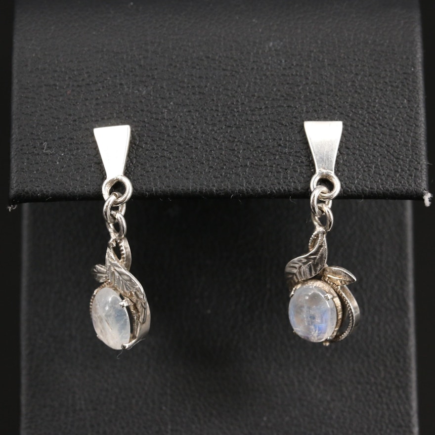 Sterling and 800 Silver Rainbow Moonstone Leaf Dangle Earrings