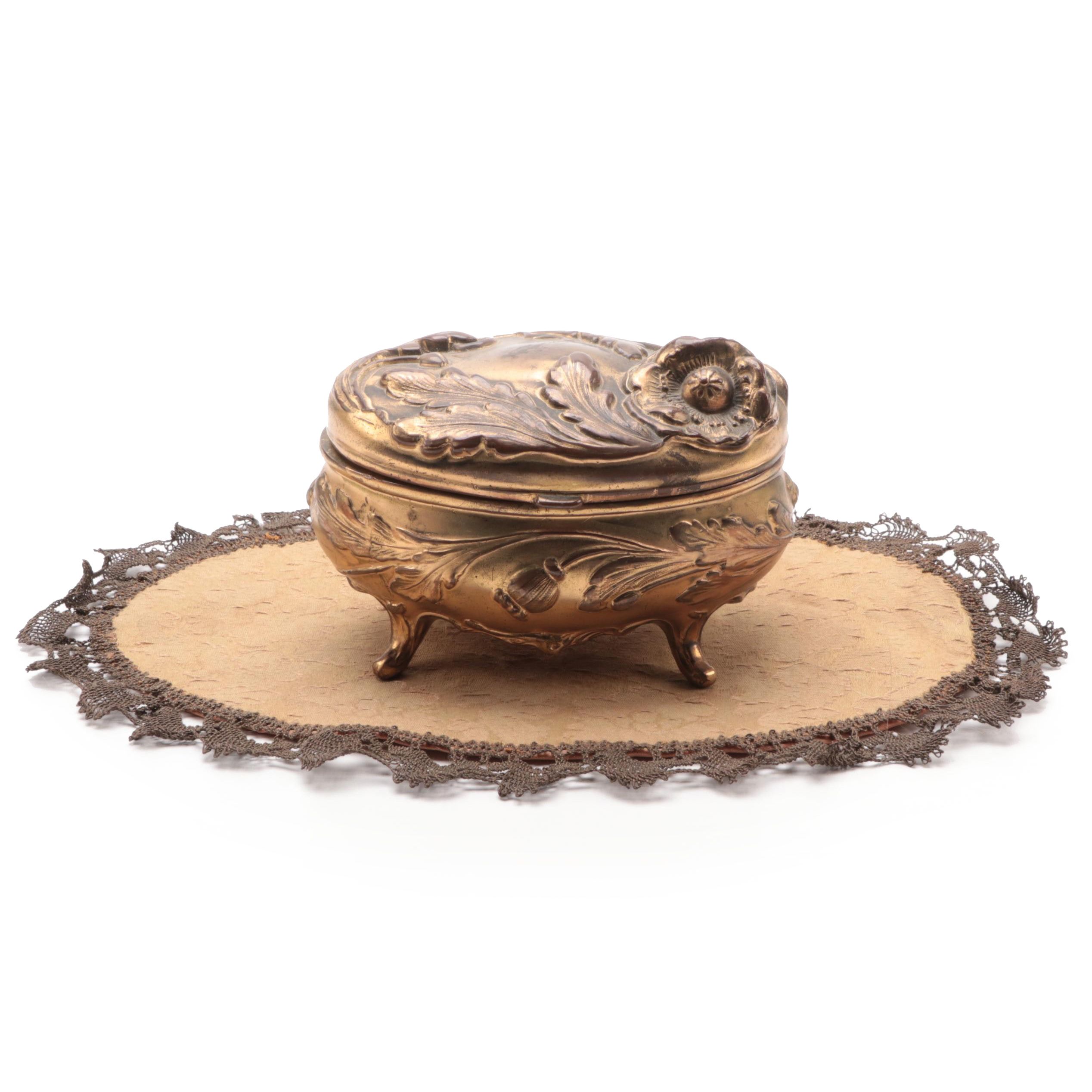Benedict Art Nouveau Gilt Jewelry Casket and Lace Doily, Late 19th-Early 20th C.