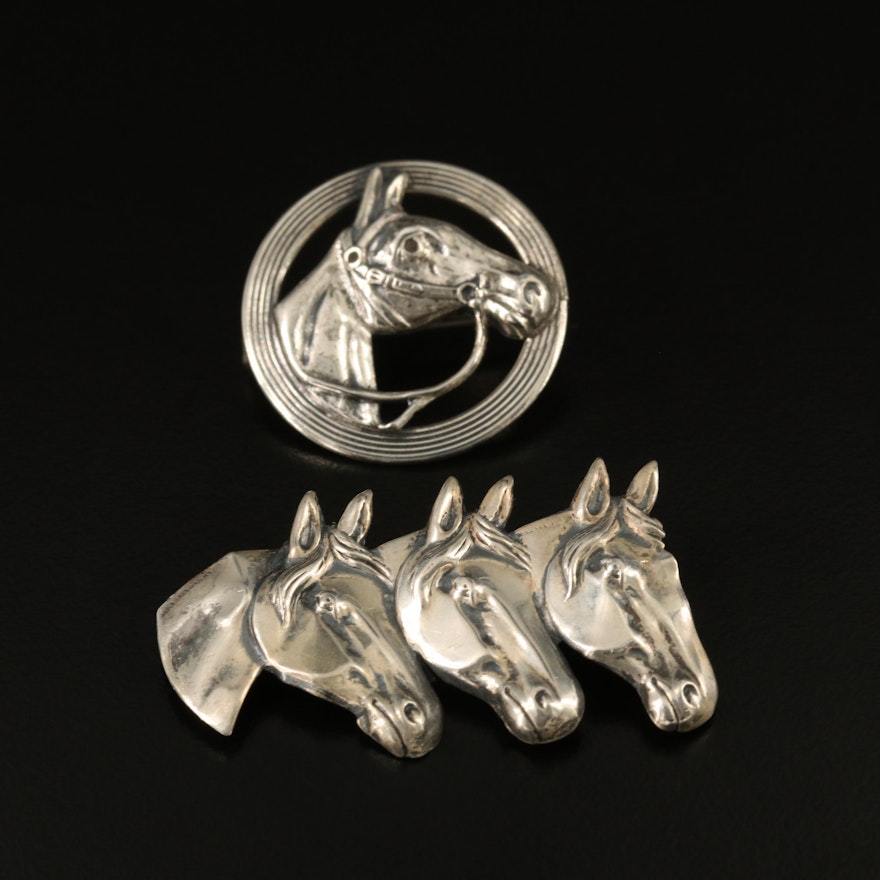 Sterling Horse Motif Brooches Featuring Beau