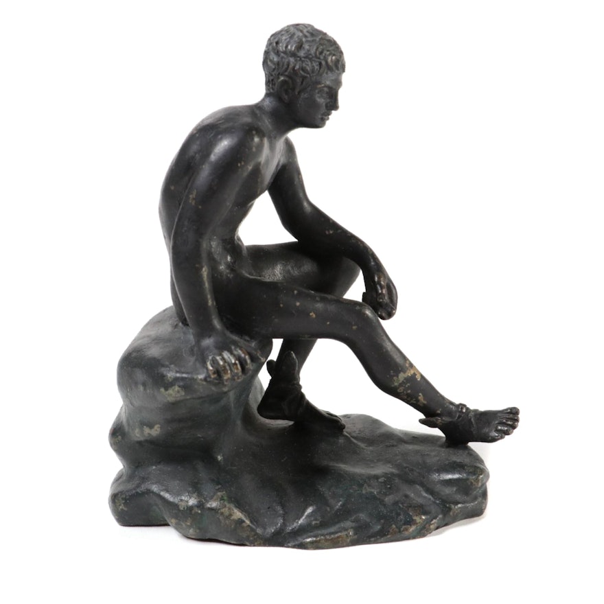 Patinated Metal Reproduction Sculpture of "Seated Hermes"