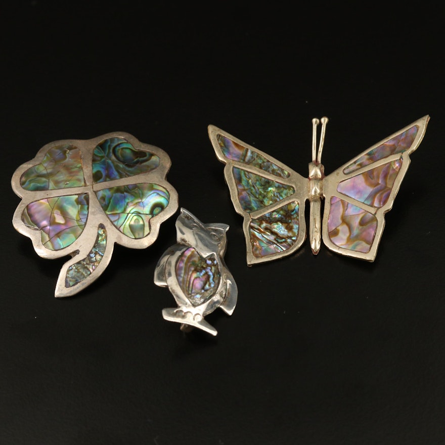 Mexican Abalone Brooches Featuring Sterling Silver Owl and Butterfly Designs