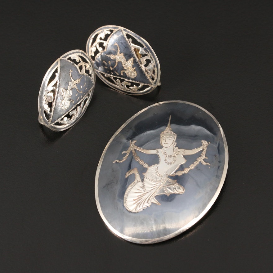 Siam Sterling Silver Niello Dancer Brooch and Earrings