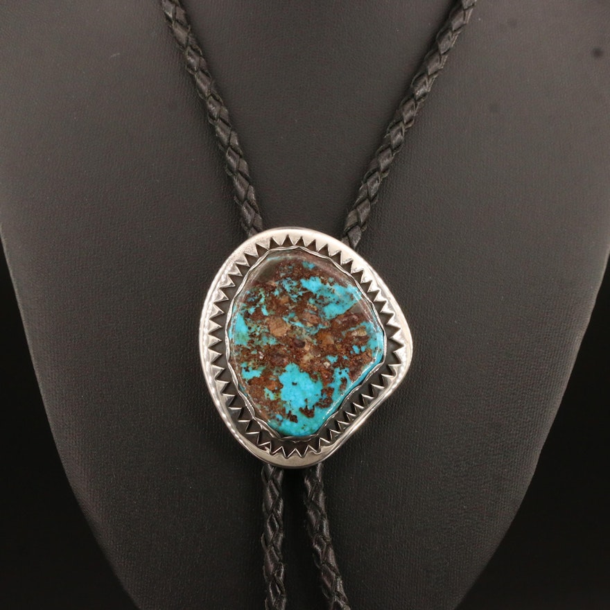 Carmelio Patania Signed Southwestern Style Sterling Silver Turquoise Bolo Tie