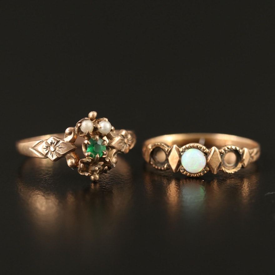 Victorian 10K Glass, Faux Pearl and Opal Rings