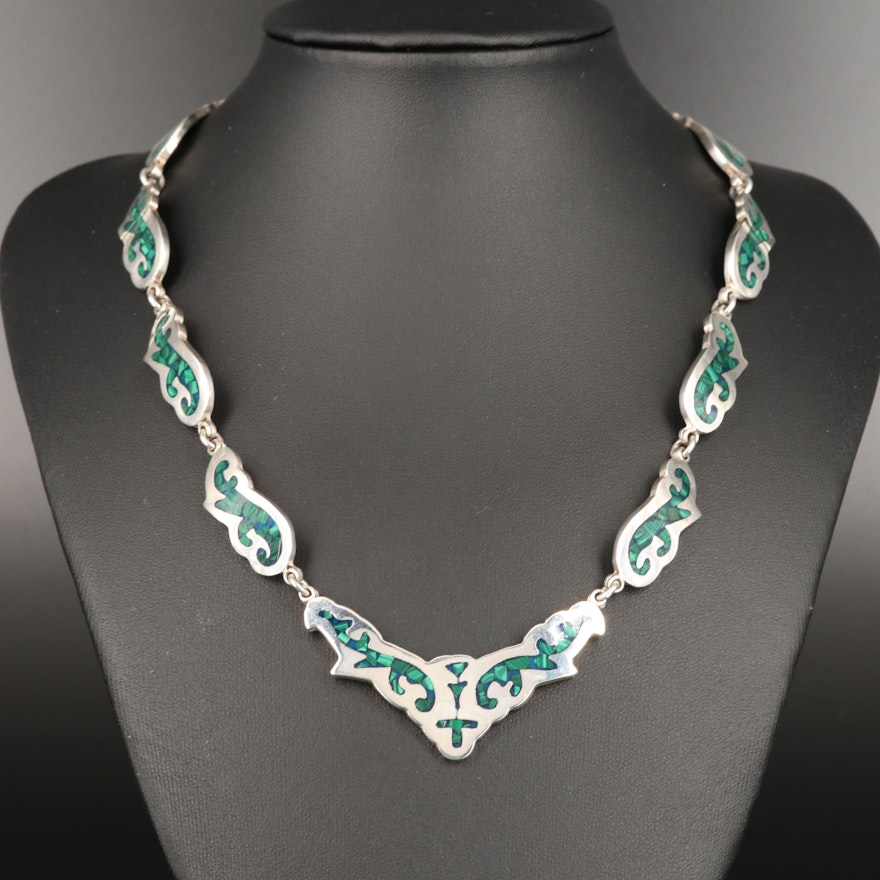 Signed Mexican Modernist Sterling Silver Malachite Inlay Necklace