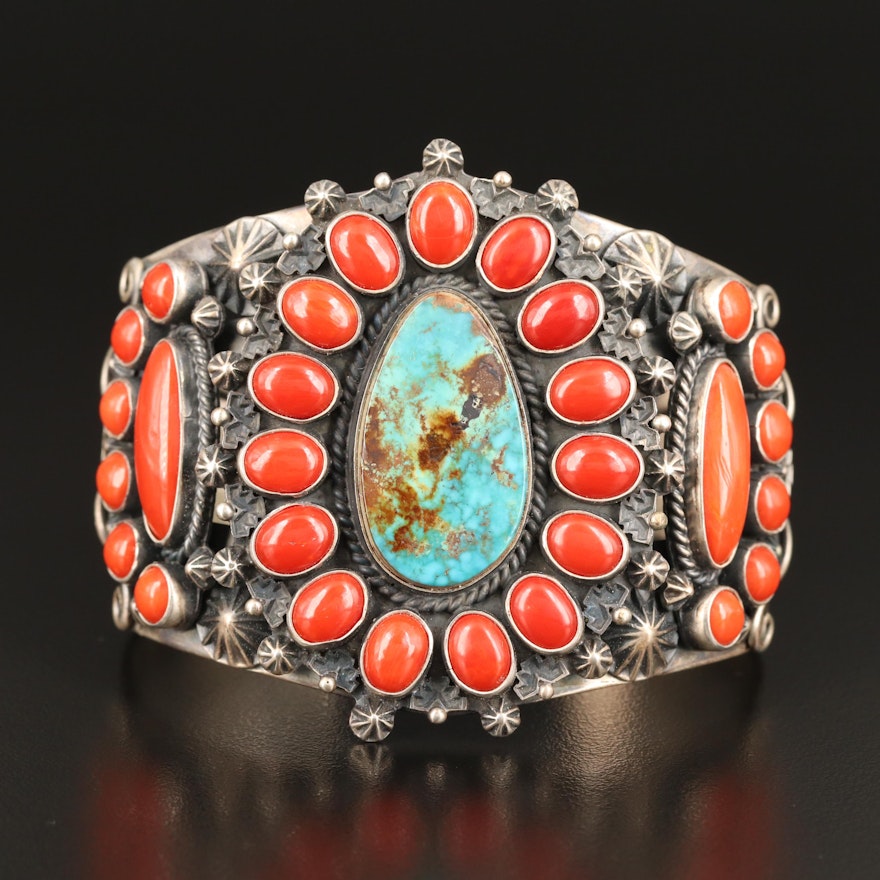 Derrick Gordon Navajo Diné Sterling Turquoise and Coral Cuff