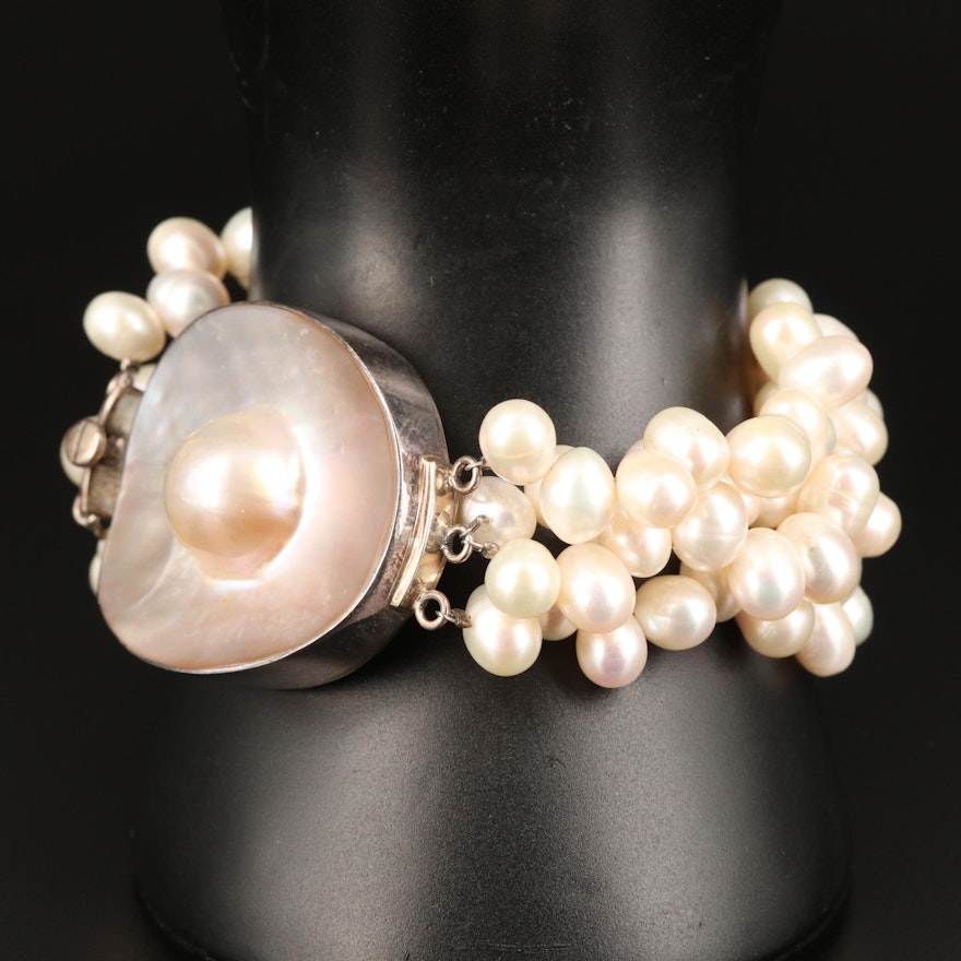 Sterling Silver Multi-Strand Pearl Bracelet with Blister Pearl Center