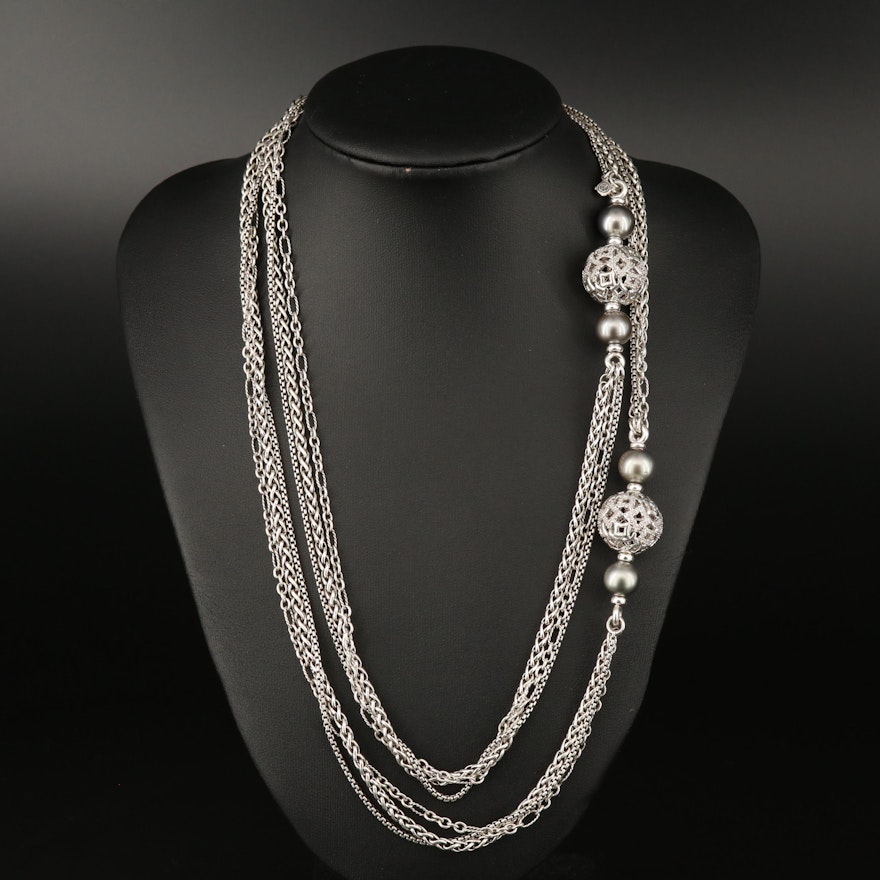 David Yurman "Quatrefoil" Sterling Silver Pearl and 1.20 CTW Diamond Necklace