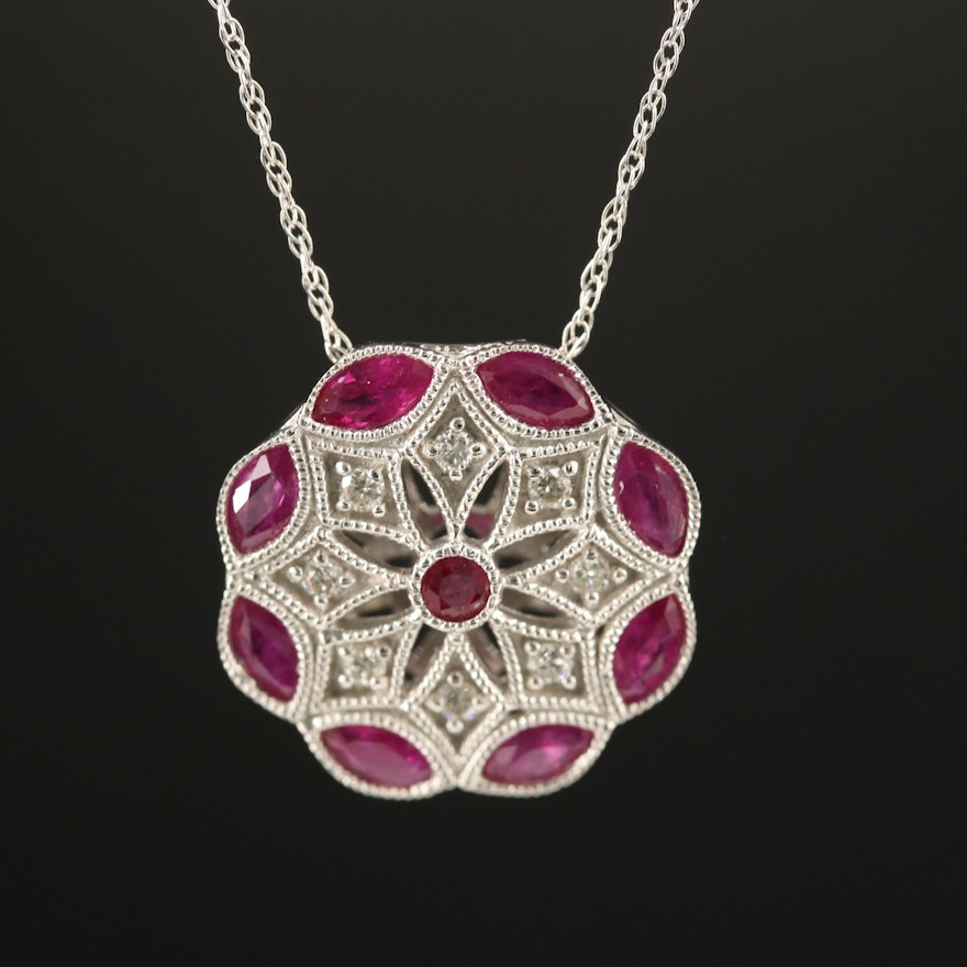 Vintage Style 14K Ruby and Diamond Pendant Necklace