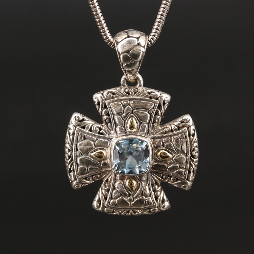 Sterling Topaz Cross Pendant Necklace with 18K Accents