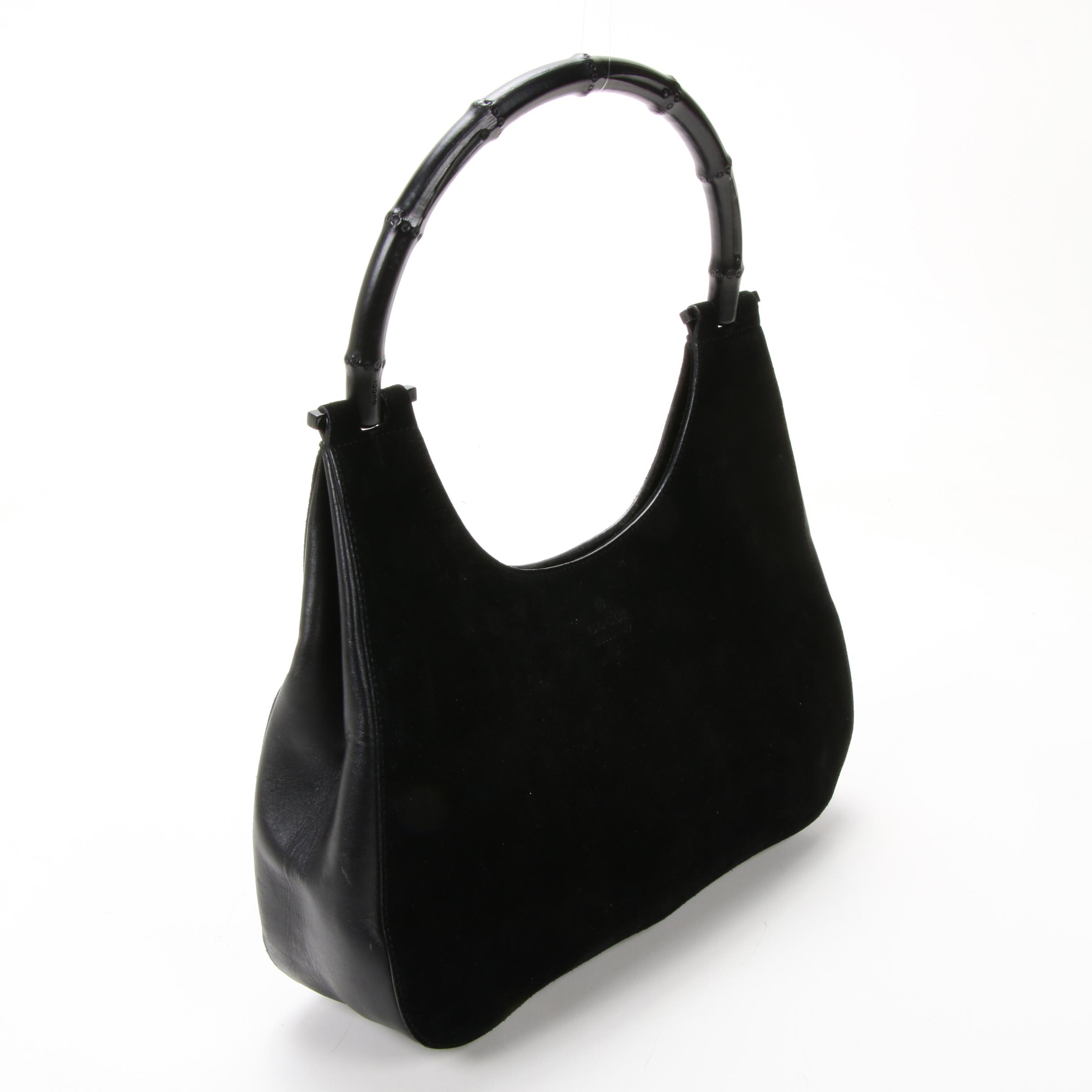 Gucci Bamboo Handle Black Suede and Leather Handbag