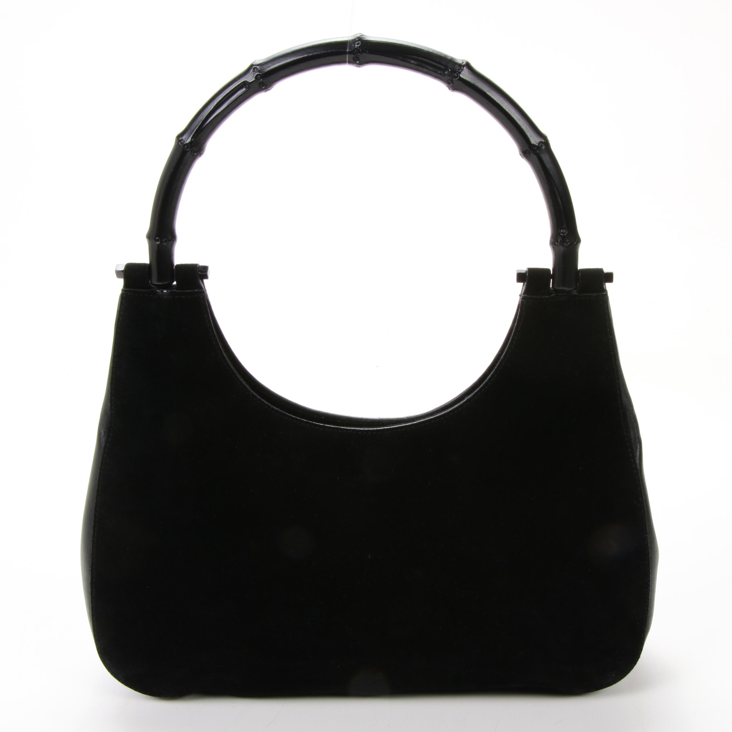 Gucci Bamboo Handle Black Suede and Leather Handbag