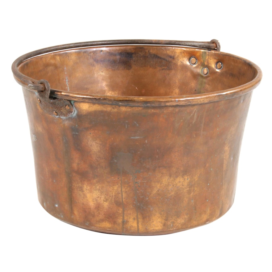 Large Copper Cauldron with Forged Iron Handle, Early 20th Century
