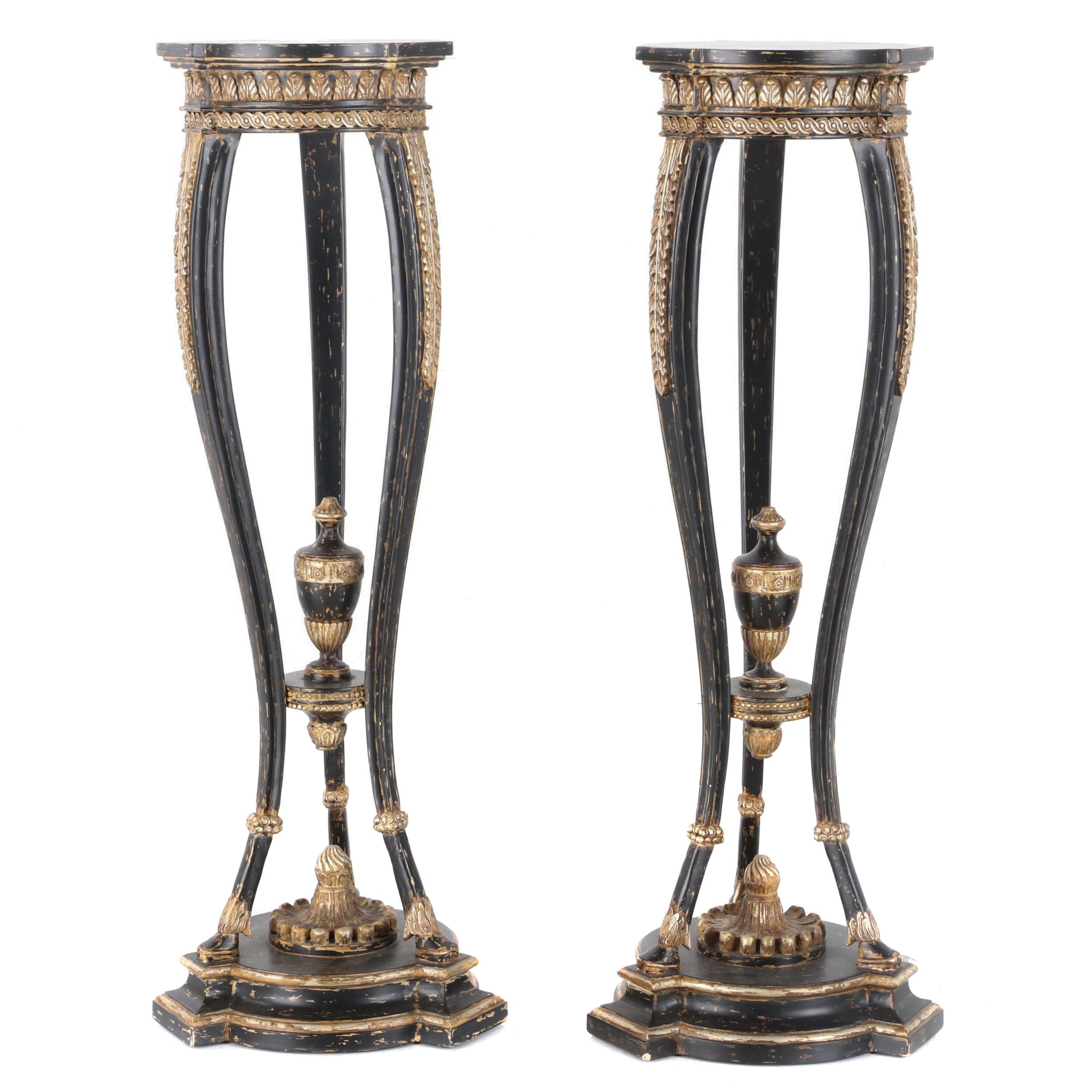 Pair of Neo-Classical Style Parcel-Gilt, Ebonized Wood and Gesso Pedestals
