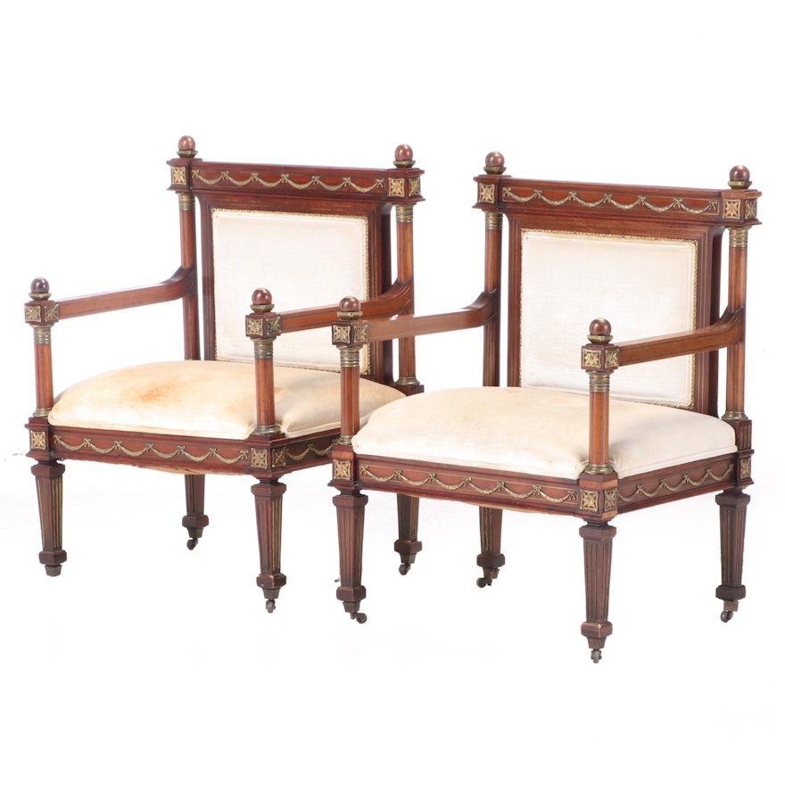 Pair of Empire Style Gilt Metal-Mounted and Inlaid Walnut Armchairs
