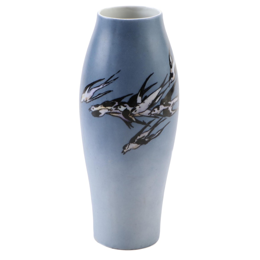 Hand-Painted Blue Ceramic Vase with Swallows