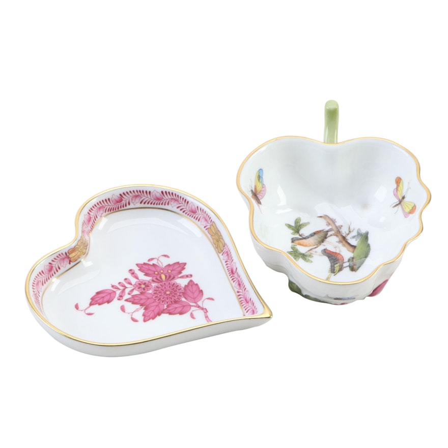 Herend "Rothschild Bird" Leaf Dish and "Chinese Bouquet" Heart-Shaped Tray