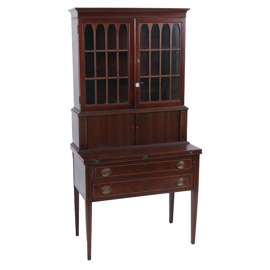 Maddox Mahogany Secretary Desk with String Inlaid Details, circa 1930