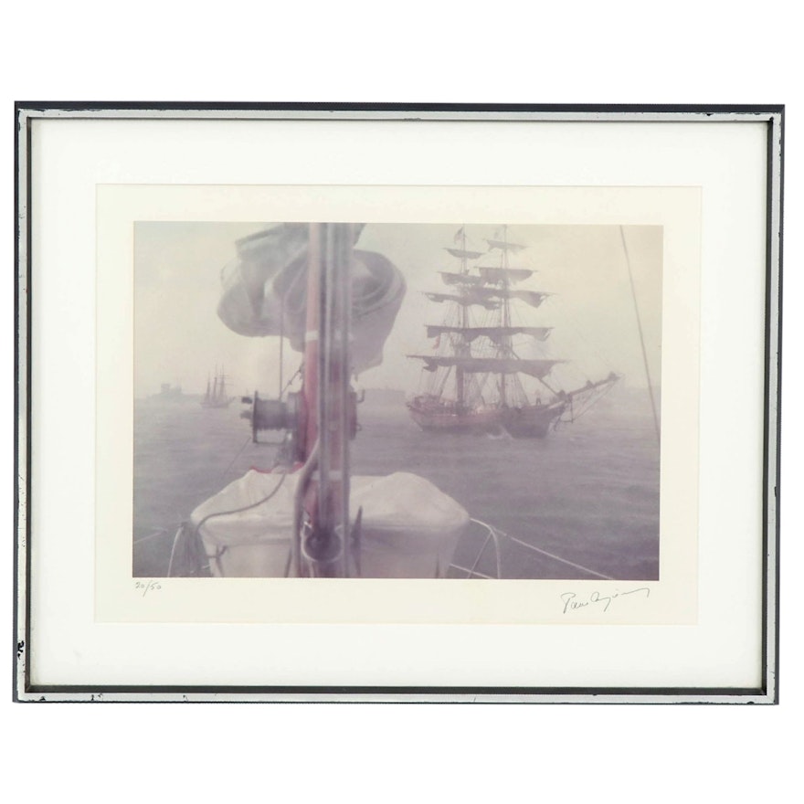 Nautical Lithograph of Sailing Schooners, Late 20th Century