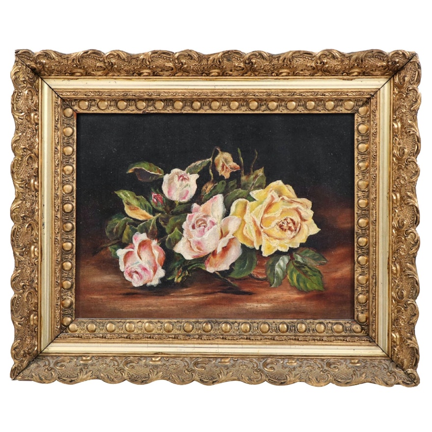 Still Life Oil Painting of Pink and Yellow Roses, Early 20th Century