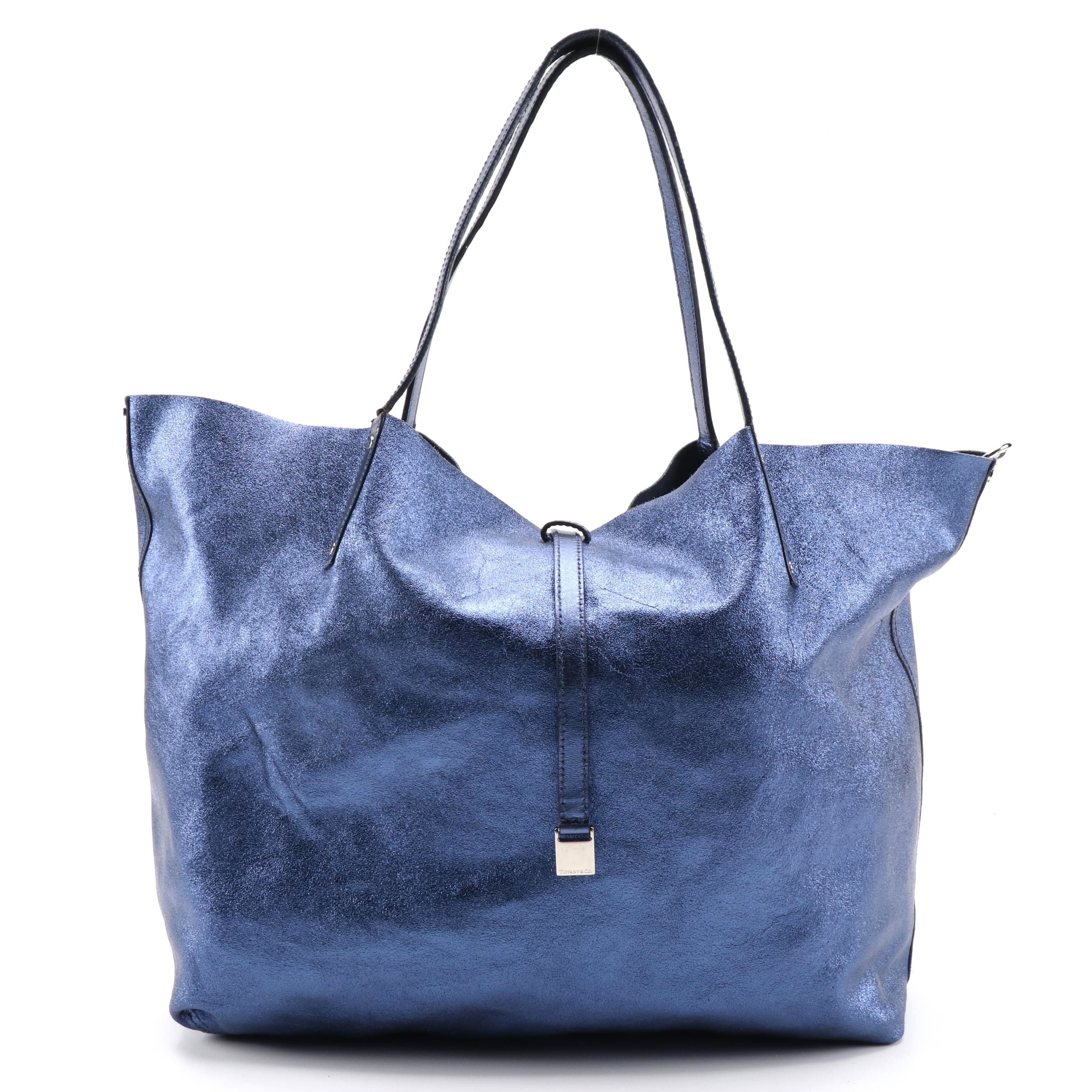 Tiffany & Co. Blue Metallic Leather Tote with Zip Pouch