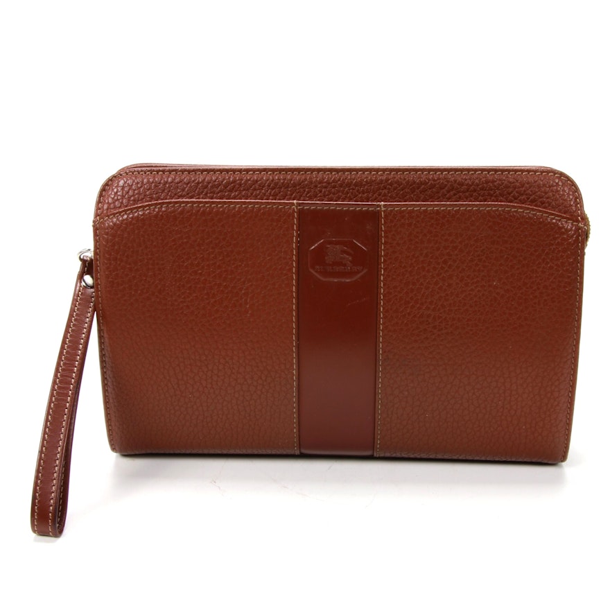 Burberry Wristlet in Whiskey Brown Grained Leather with "Haymarket Check" Lining